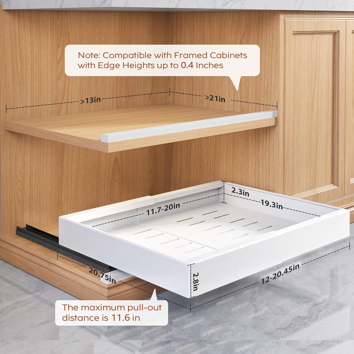 Seinloes 2 Pack Pull Out Cabinet Organizers 21"Deep with Raising Pad for Framed Cabinets,Expandable Slide Out Drawers Upgrade 3 Slide Rails,Roll Out Shelves Adhesive,Adjustable Width 12"-20.45" White - Field & Nook