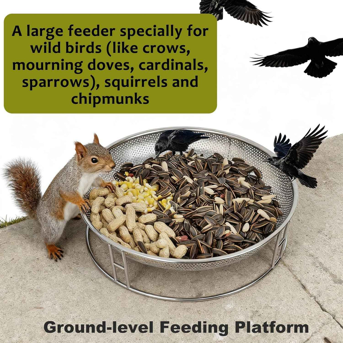 13-Inch Ground Bird Feeder and Bath Combo, Stainless Steel Ground Feeding Platform for Birds & Squirrels, with Dual Birdseed Mesh Trays, Birdbath, Attracting Creatures to Backyard, Patio