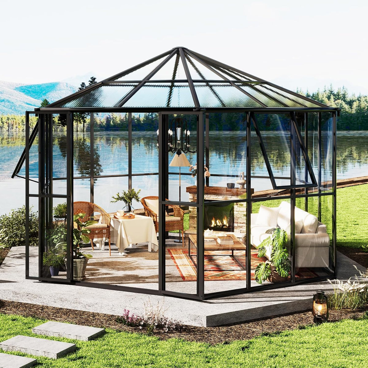 AMERLIFE 12×10×8 ft Hexagonal Outdoor Greenhouse, Aluminum Frame with Quick‑Connectors, 2 Swing Doors, 2 Vents – Walk‑in Garden Structure