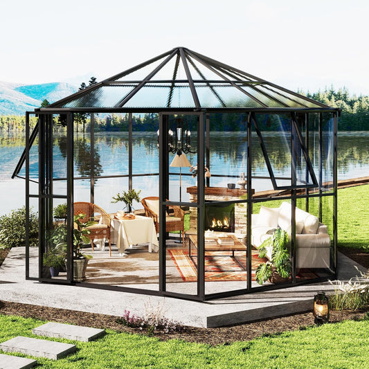 AMERLIFE 12×10×8 ft Hexagonal Outdoor Greenhouse, Aluminum Frame with Quick‑Connectors, 2 Swing Doors, 2 Vents – Walk‑in Garden Structure