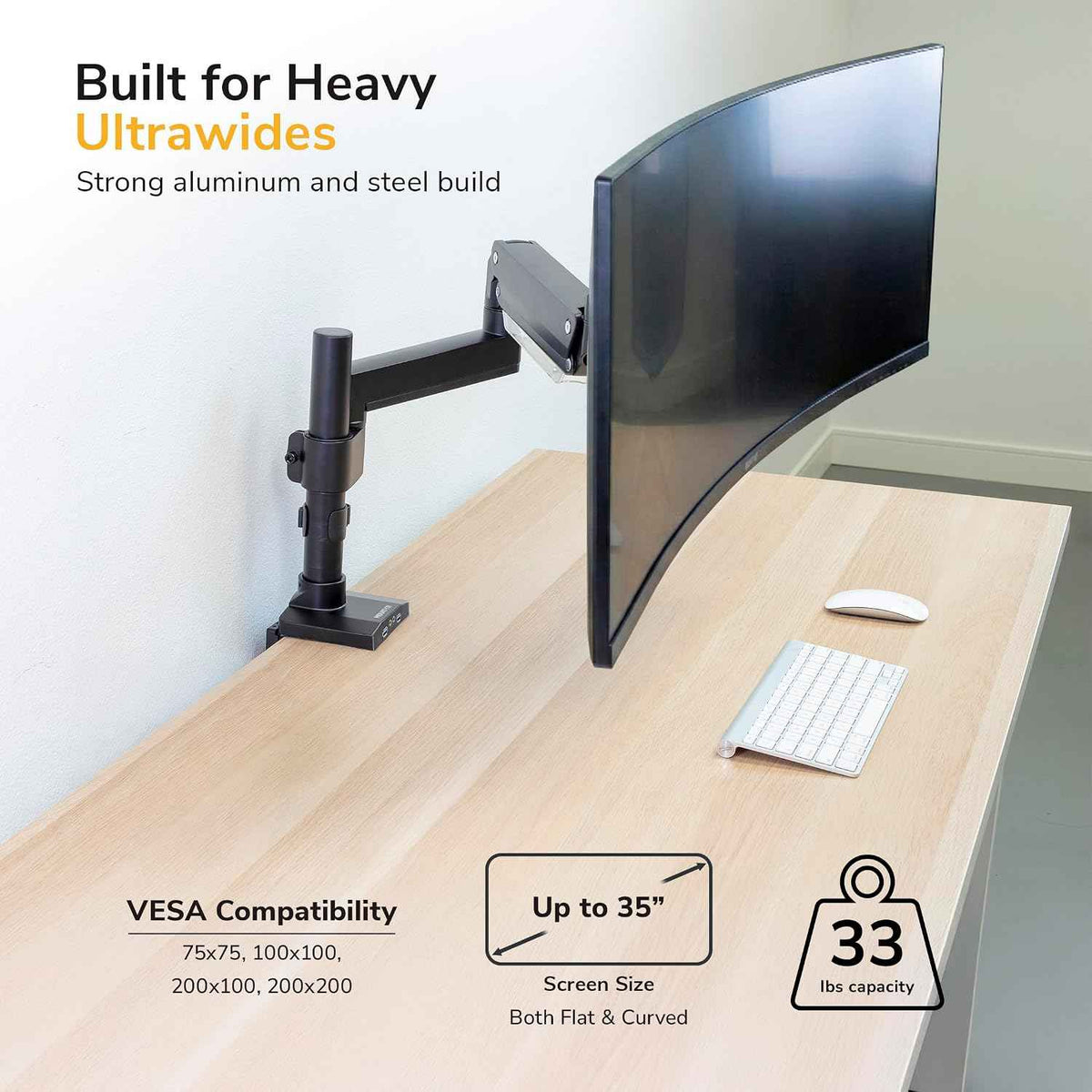 Mount-It! Ultrawide Monitor Arm, Heavy-Duty Gas Spring Desk Mount for 17–35” Curved Screens up to 33 lbs, Full Motion Height Adjustable Monitor Arm with USB 3.0 & Audio Ports, VESA 75/100/200