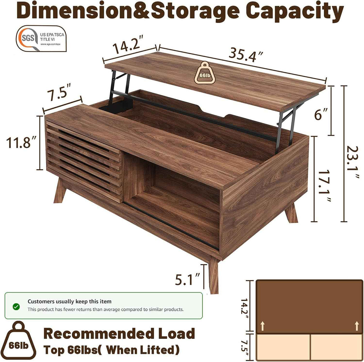 HAIOOU 35.4" Lift Top Coffee Table, Walnut