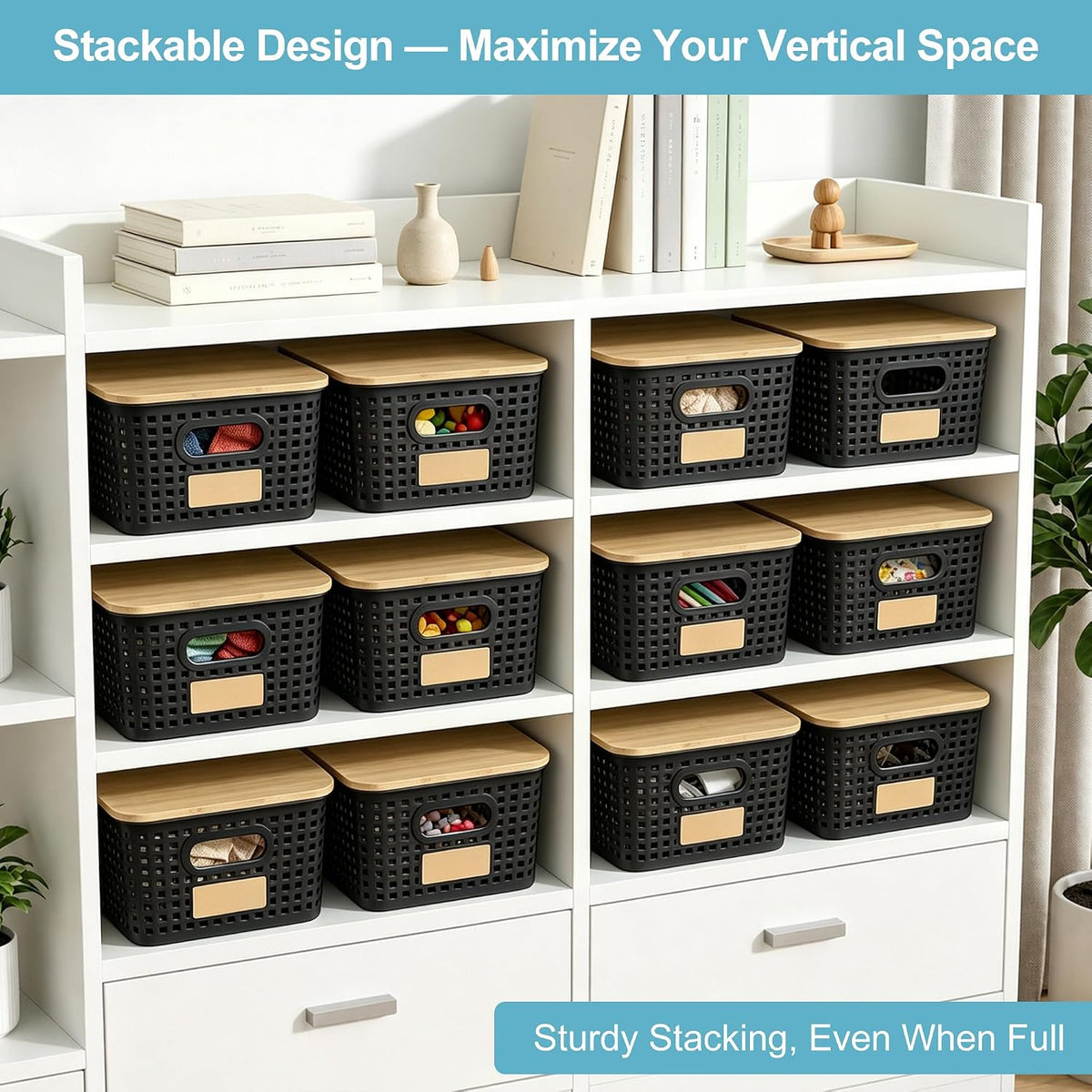 Small Plastic Storage Bins with Bamboo Lids 5.2qt Stackable Box Basket Pantry Decorative Containers Cute with Lable for Organizing Desktop Closet Office Black of 6 packs 10 * 7.2 * 4.1" - Field & Nook