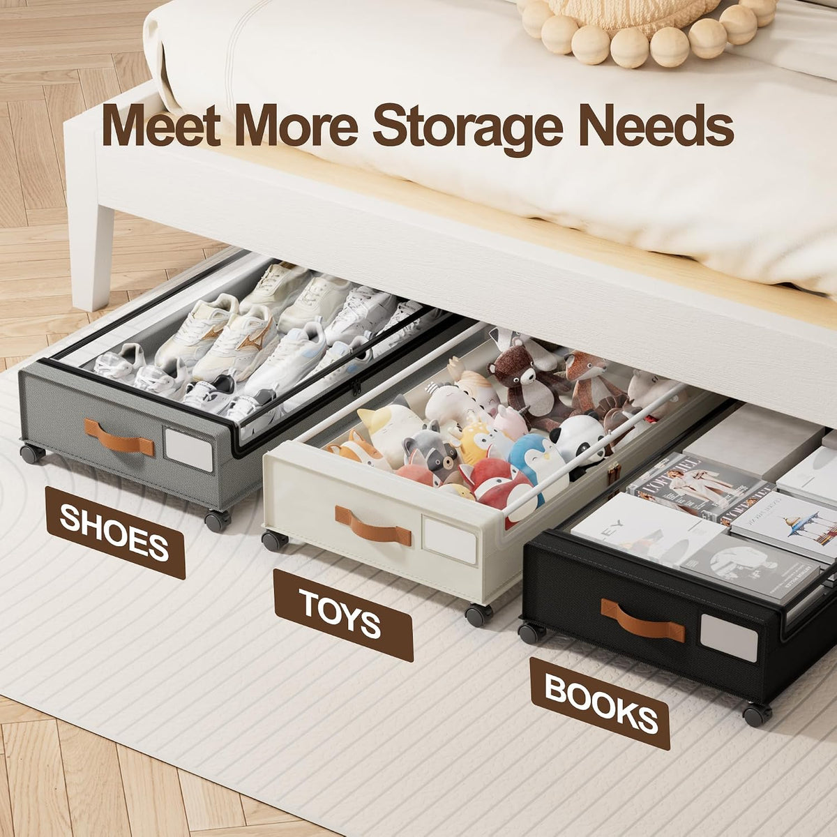 LAMU Under Bed Storage with Wheels, 2Pack Underbed Storage Containers,Black | Smooth-rolling Wheels, Clear Lid & Label, Sturdy Metal Frame, Easy Install, Rolling Storage Drawers for Clothes, Shoes, Toys - Field & Nook