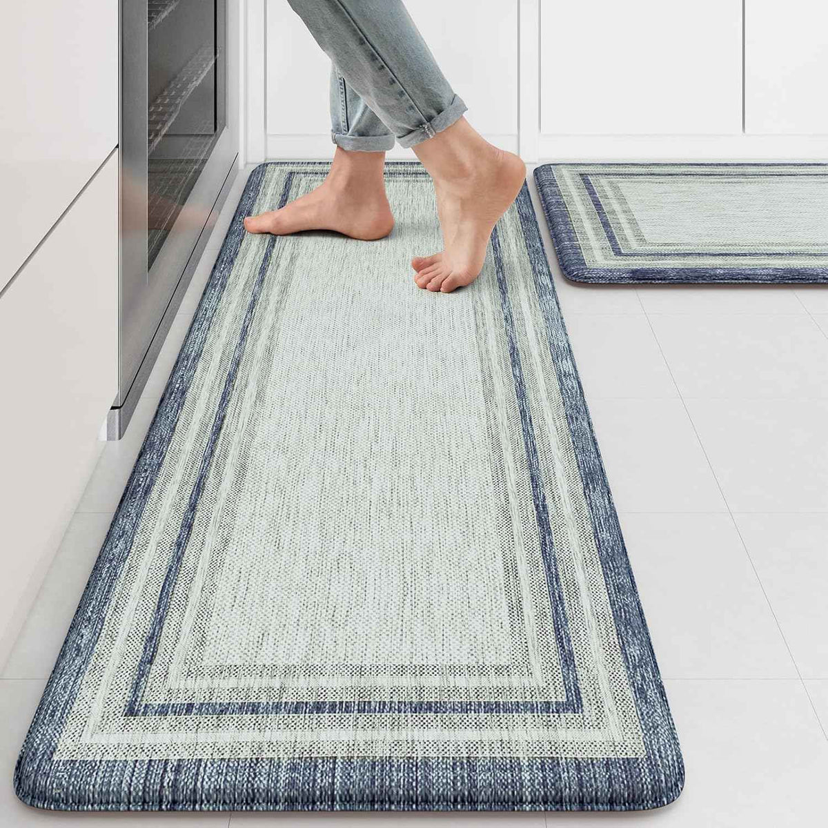 KIMODE Anti Fatigue Kitchen Mat 2 PCS Farmhouse Kitchen Rugs Sets of 2 | Blue Gray Home Decor Waterproof Kitchen Mat for Floor Laundry Room Rug,Cushioned Comfort Foam Standing Mat for Office Sink