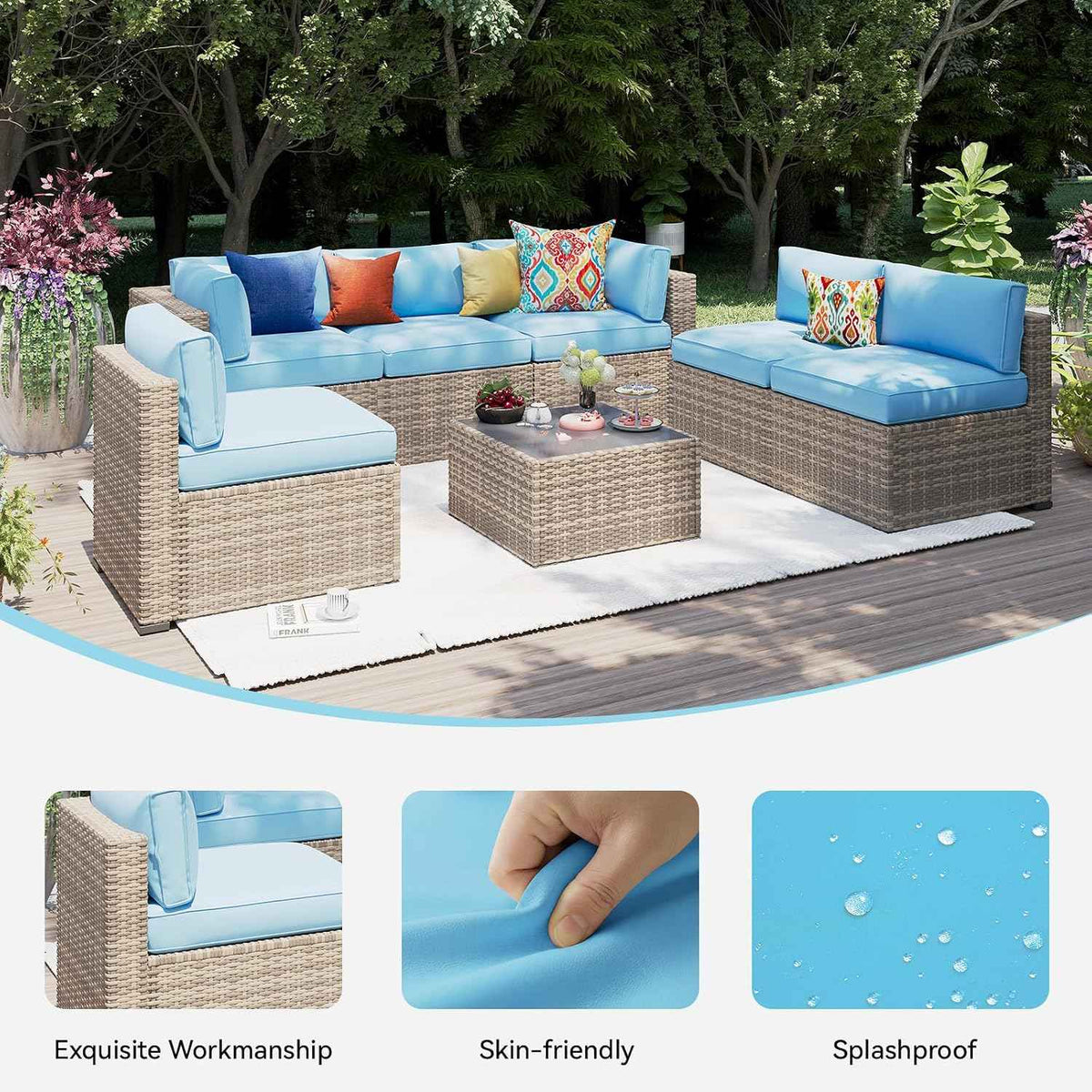 Aoxun 14pcs Patio Cushion Covers Replacement, Waterproof Outdoor Furniture Cushion Covers with Zipper and Non-Slip Bottom, Patio Sofa Couch 3 Sizes for Patio Sectional, Covers Only (Sky Blue)