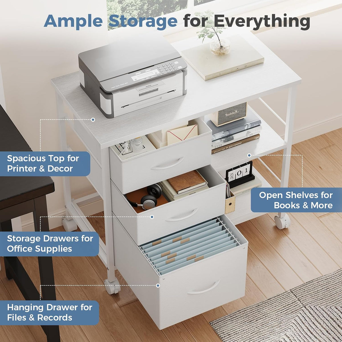 DUMOS 3-Tier Mobile File Cabinet, Rolling Printer Stand with Storage | Fabric Lateral Filing Cabinet fits A4/Letter Size, Under Desk Drawer Cabinet, Printer Cart for Home Office, White - Field & Nook