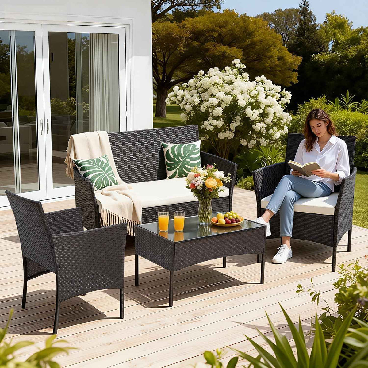 FDW | 4-Piece Patio Furniture Set | Brown | Outdoor Wicker Furniture