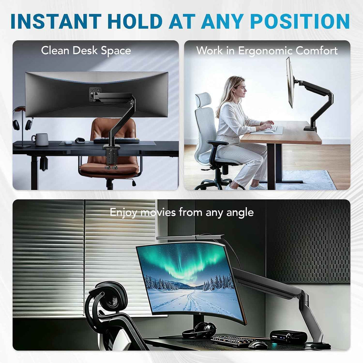 Heavy Ergonomic Single Monitor Arm Desk Mount for up to 57"Screens | for 13 27 32 34 39 40 42 49 57Inch ultrawide monitor, Holds 55 lbs, 2-Step Fast Setup, 75/100mmVesa, Black, Home & Office Use