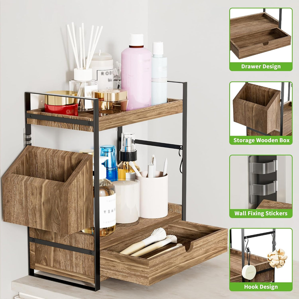 Two-Tier Bathroom Counter Organizer – Wood Shelf with Drawer & Basket