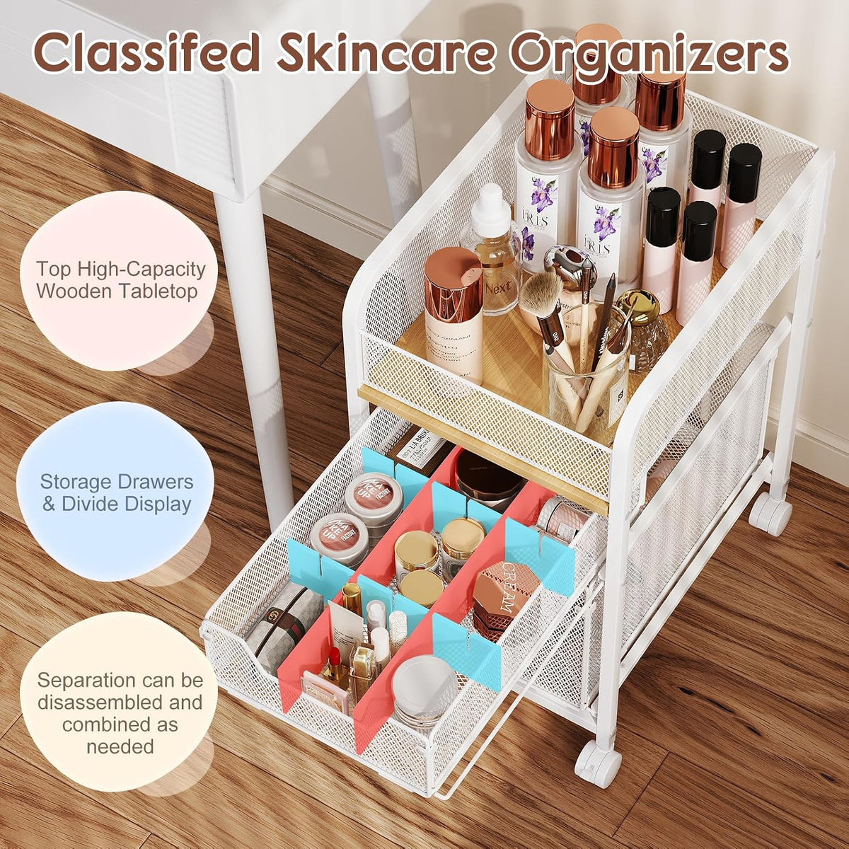Hongtamoya Rolling Makeup Cart Organizer with 2 Drawers, Under Desk Storage | Narrow Floor Skincare Organizers, Vanity Organizer Cosmetics Display Cases Holder for Nail Polish Perfume Makeup Brush, White - Field & Nook