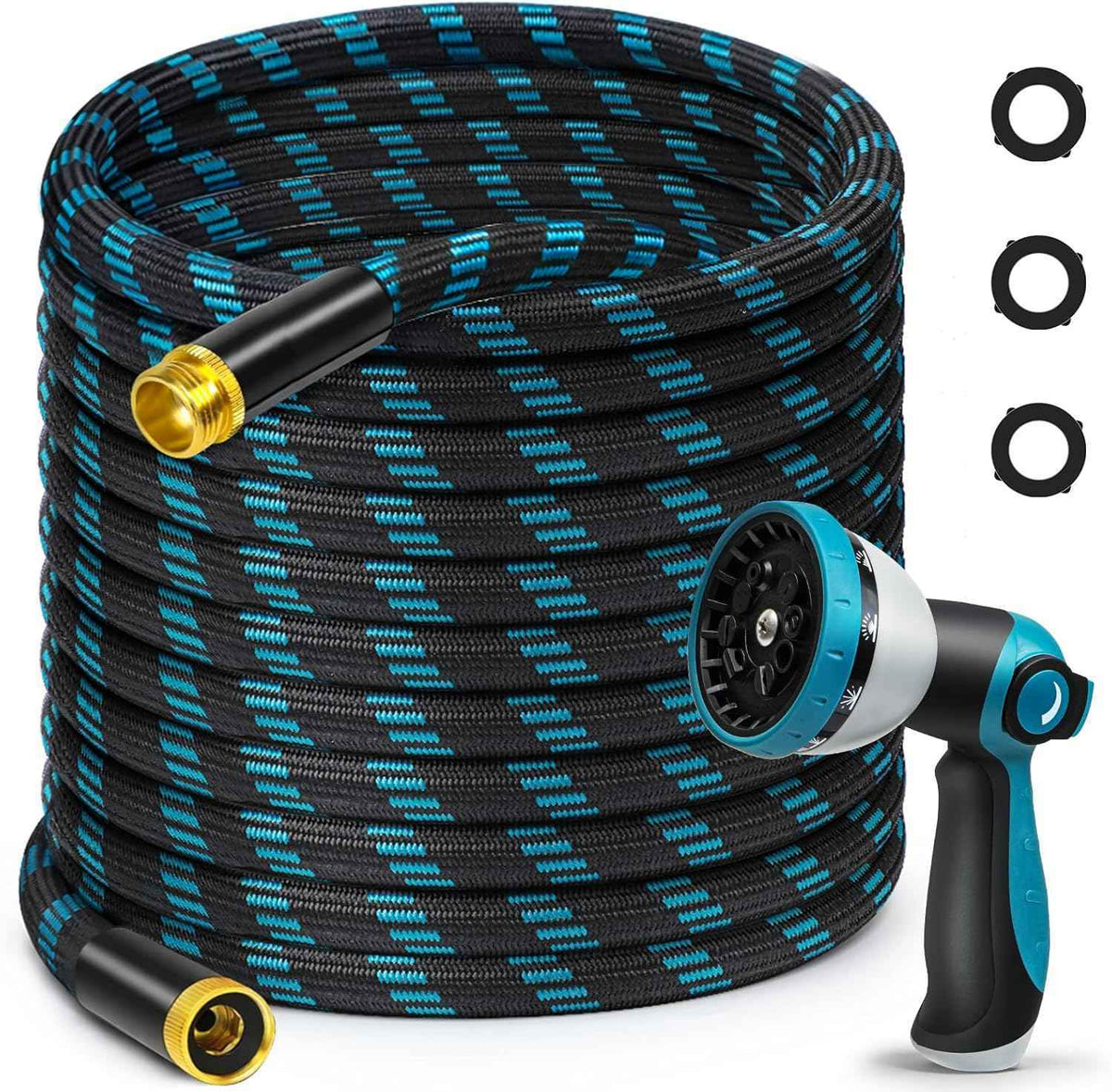 50FT Garden Hose, Non-Expandable Flexible Fabric Water Hose with 10-Function Spray Nozzle, Kink-Free & Lightweight Yard Hose with 3/4" Solid Brass Connectors for Lawn, Outdoor, RV & Marine Use