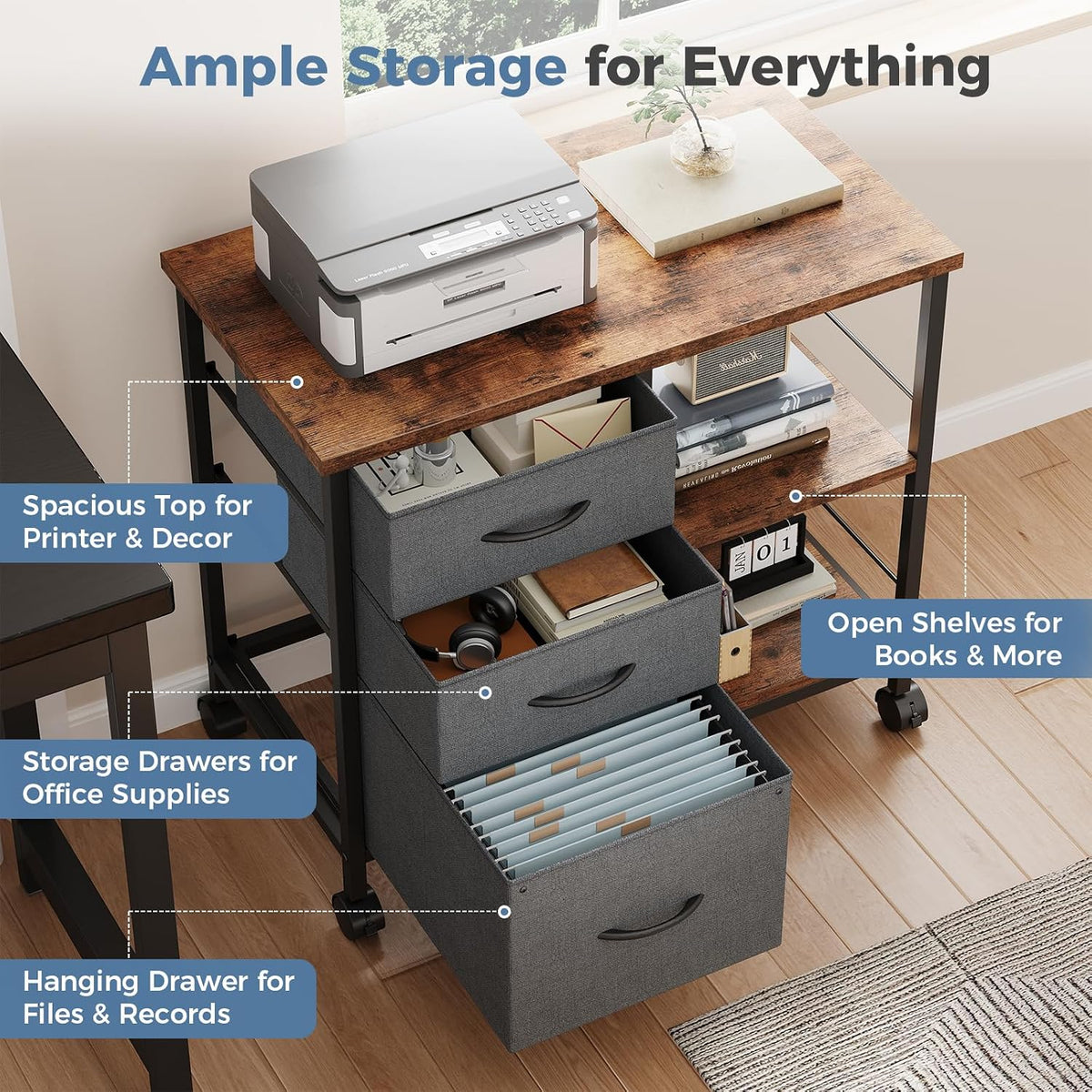 DUMOS 3-Tier Mobile File Cabinet, Rolling Printer Stand with Storage | Fabric Lateral Filing Cabinet fits A4/Letter Size, Under Desk Drawer Cabinet, Printer Cart for Home Office, Gray - Field & Nook