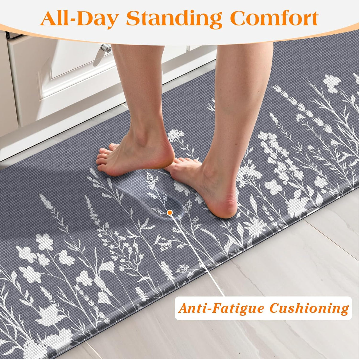 Anti-Fatigue Kitchen Mat Set of 2 | Grey | 17.3"x30" + 17.3"x47" | Non-Slip Cushioned Floor Rug