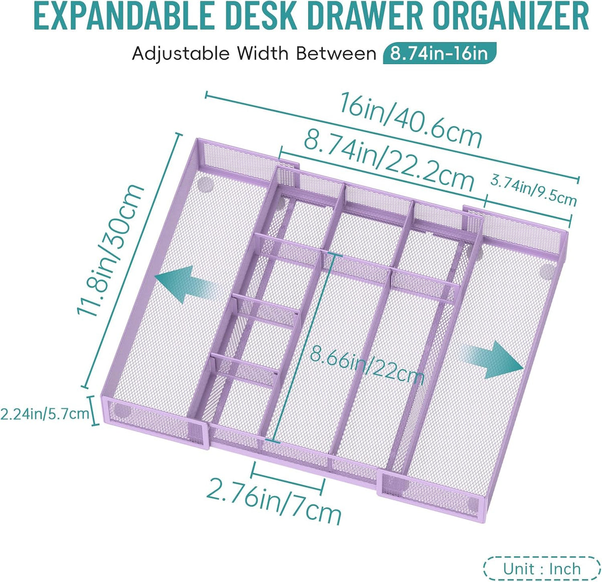 Expandable Desk Drawer Organizer, 10 Adjustable Compartment, Purple | Metal mesh drawer organizer tray with 5 removable dividers, expands from 8.74 to 16 in for office supplies, makeup or tools - Field & Nook