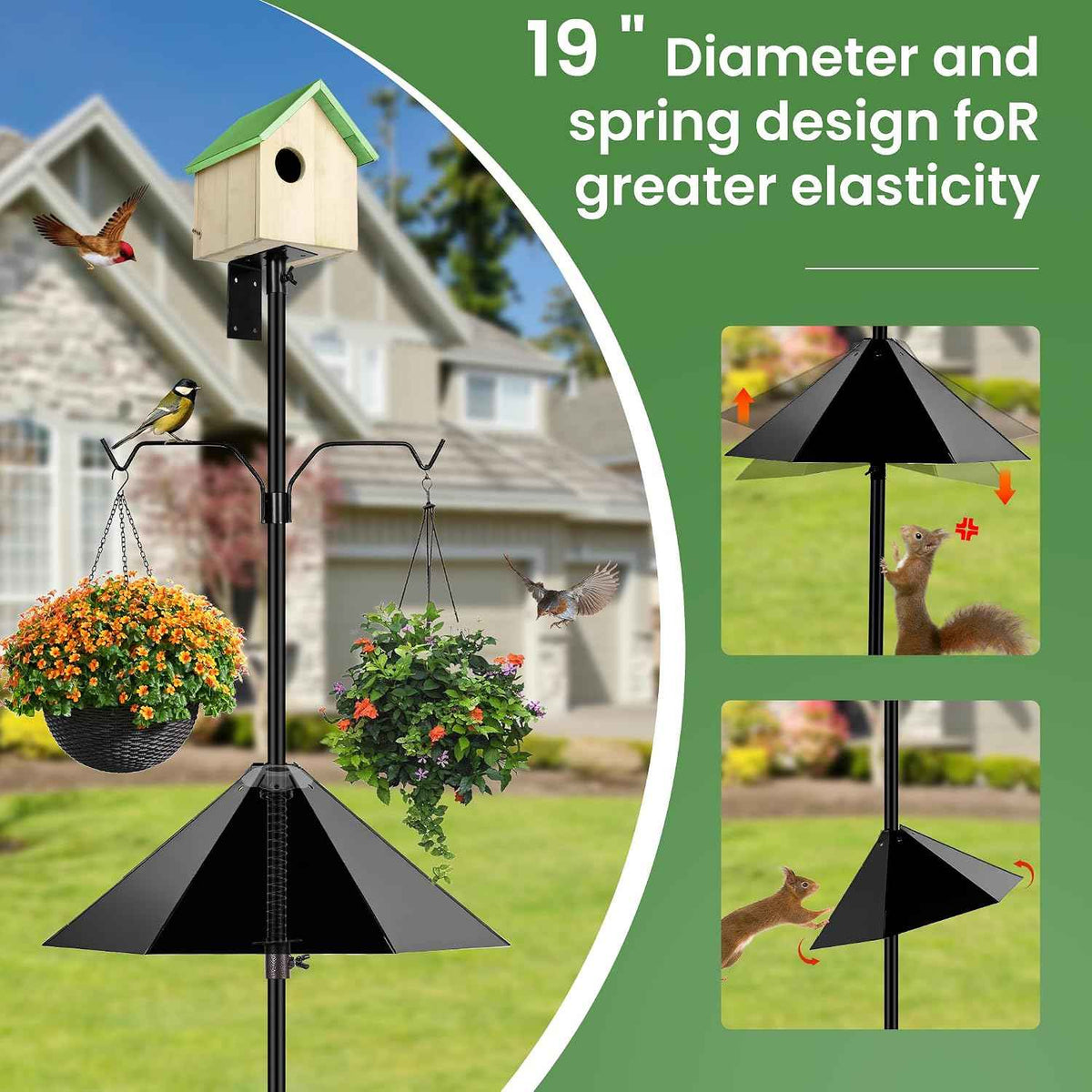 YINGYM Bird House Pole for Outdoors with Metal Squirrel Baffle, 95 Inch | Adjustable Bird Feeder Stand Pole with 2-Hooks for Hanging, Heavy Duty Metal Mounting Kit for Garden, Backyard and Patio