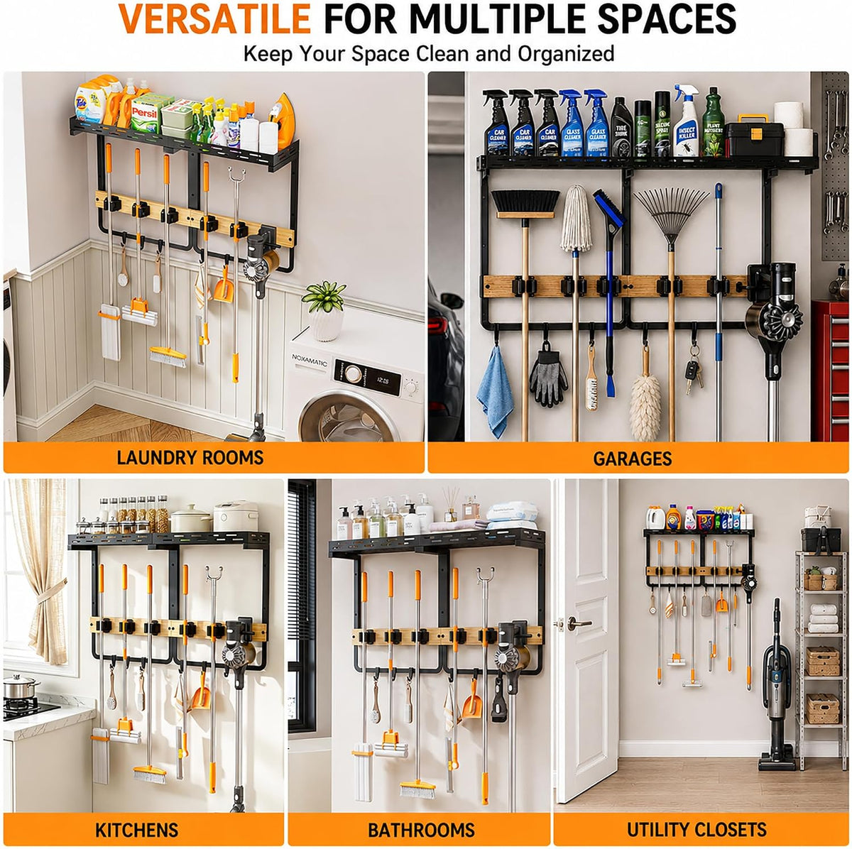 Large Broom Mop Holder Wall Mount with Shelf,5 Grips,6 Hooks,Vacuum Hook | 3-in-1 Cleaning Supplies Organizer,Broom Organizer,Top Shelf with Railing,Storage Rack for Laundry Utility Garages Kitchens, - Field & Nook
