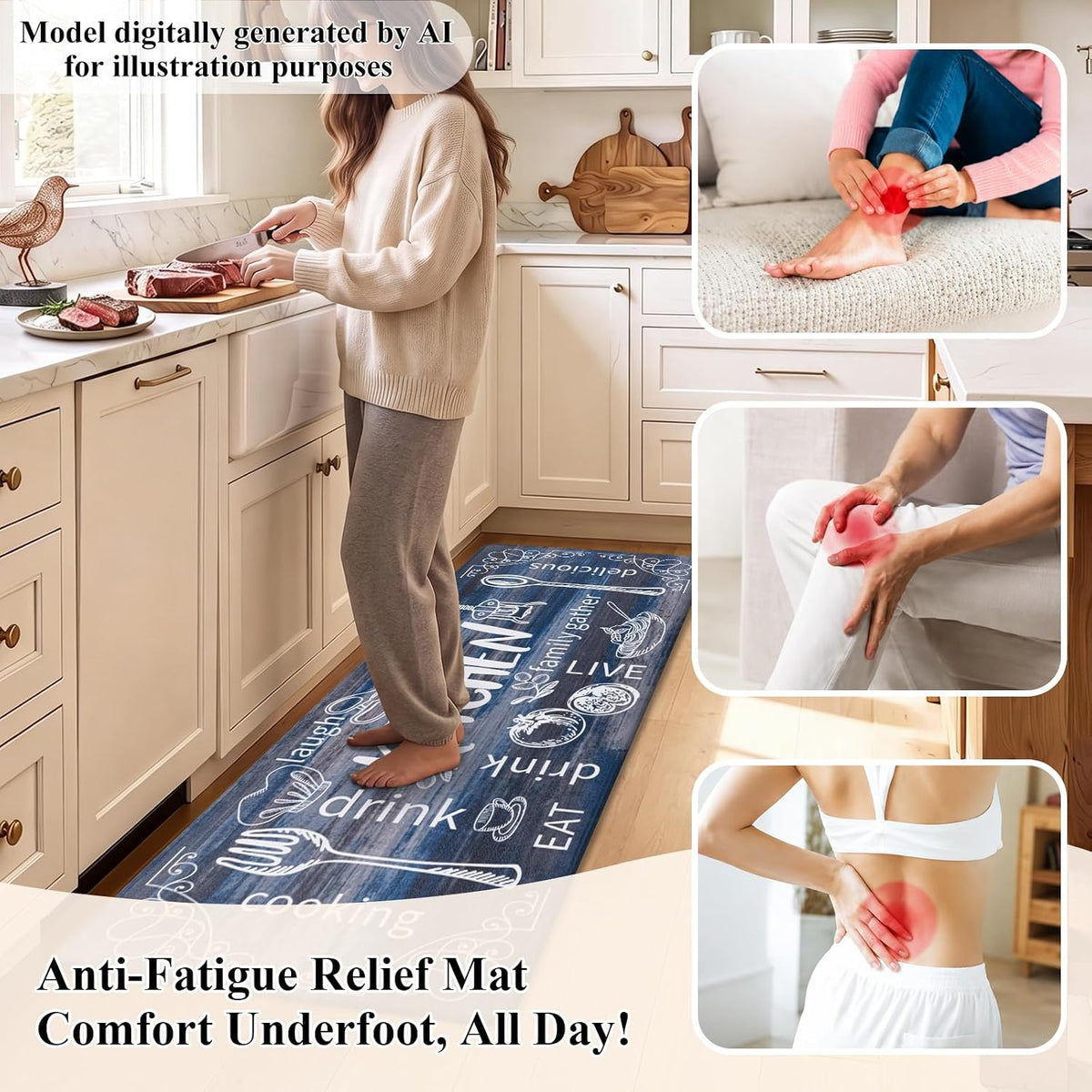 HEBE Anti Fatigue Kitchen Rugs Set of 2, Cushioned Kitchen Mats for Floor | Non Slip Farmhouse Kitchen Rug and Runner Set, Waterproof Comfort Kitchen Floor Mat Carpet for Sink, Standing Desk, Laundry