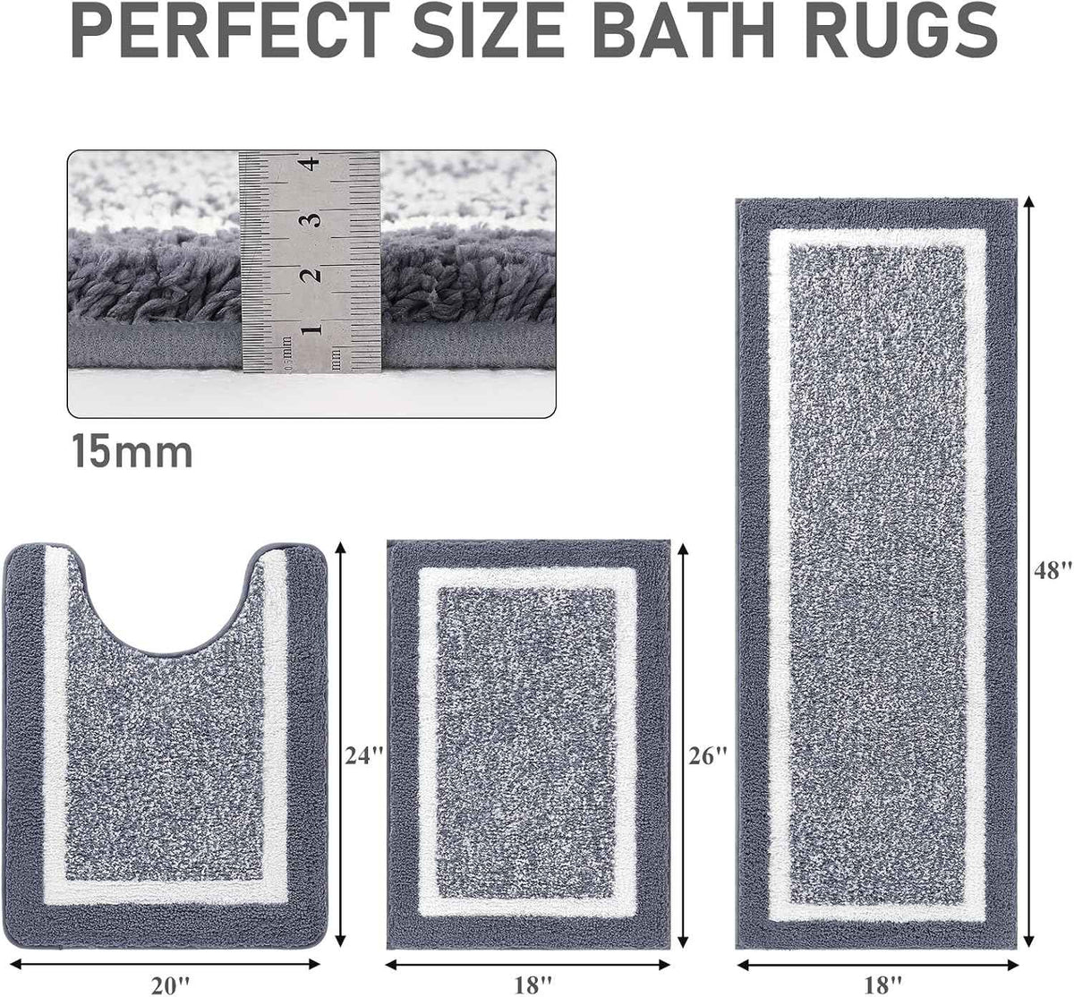 Bathroom Rugs 3-Piece Set | Non-Slip, Washable, Soft Microfiber Bath Mats – Dark Grey
