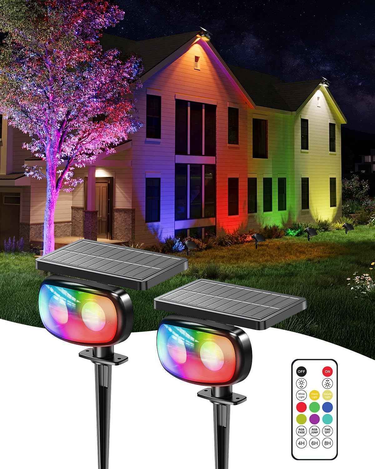 Solar Spot Lights Outdoor Waterproof IP68, RGB Colors Changing Solar Lights with 4 Lighting Modes, Solar Powered Lights Outdoor for Garden Yard Outside Landscape (2Pack)