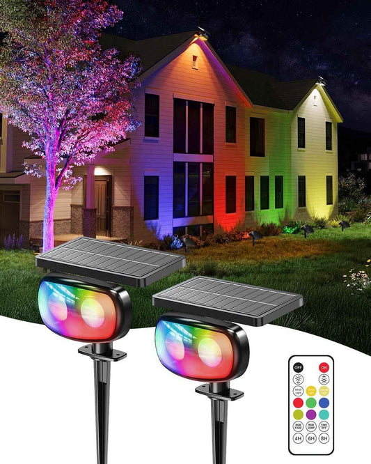 Solar Spot Lights Outdoor Waterproof IP68, RGB Colors Changing Solar Lights with 4 Lighting Modes, Solar Powered Lights Outdoor for Garden Yard Outside Landscape (2Pack)