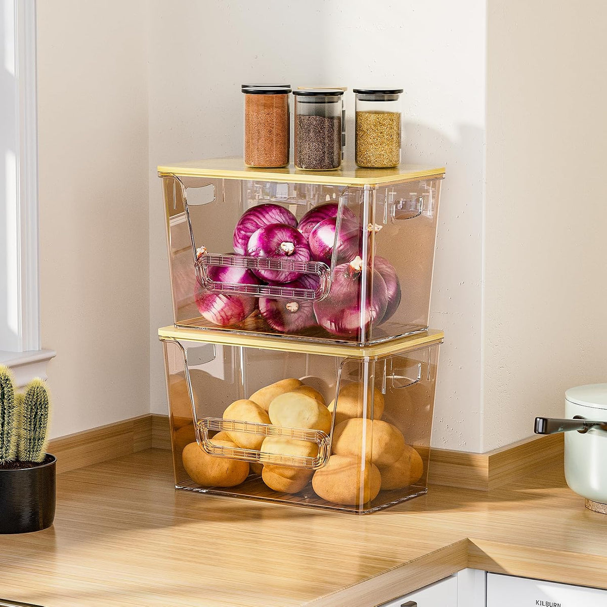 Delamu 2 Set Pantry Organizers and Storage,Trash Bag Dispenser with Bamboo Top,Stackable Trash Bag Dispenser Under Sink Organizer for 4-30 GalBags,Onion,Potato,Fruits,Amber(11-7/32"L*7" W*7-1/8"H) - Field & Nook