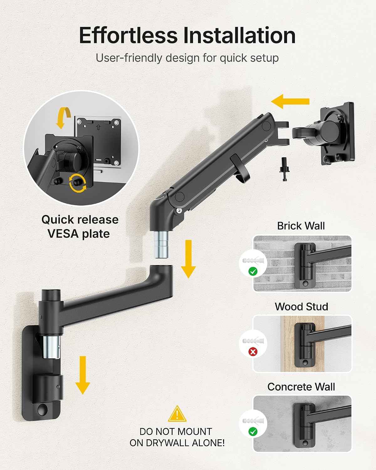 monTEK Single Monitor Wall Mount, 17–57" Gas Spring Arm, Heavy Duty, Black | Fits Max 57" Curved & Ultrawide Monitors, Holds Up To 59.4 Lbs, Full Motion Wall Mount, Compatible With 75/100mm VESA