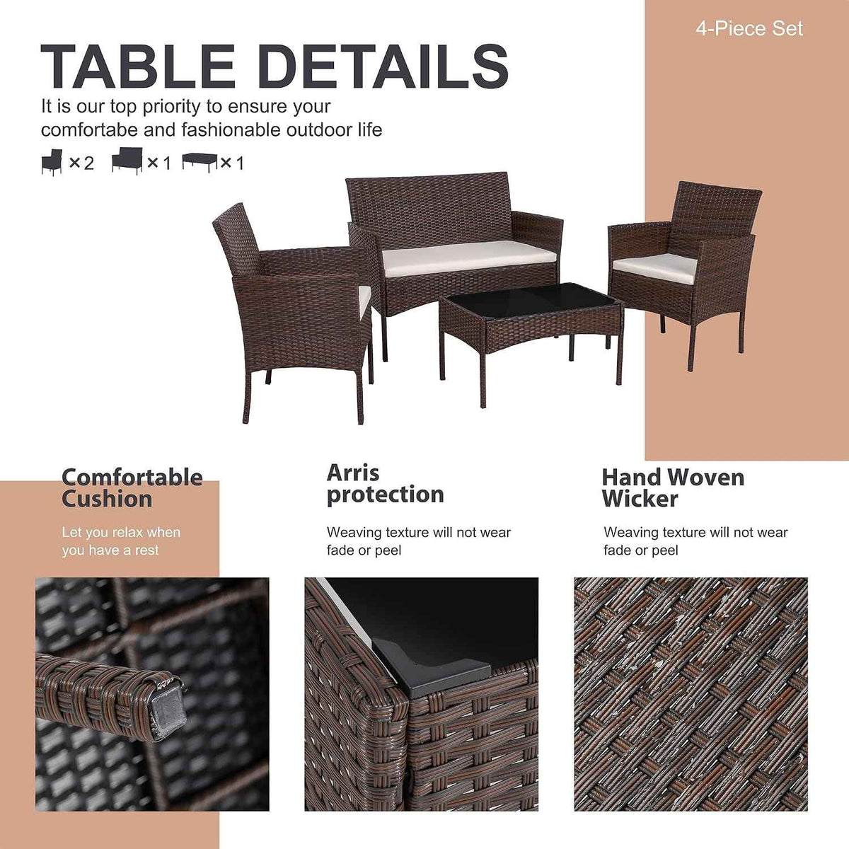 Shintenchi 4 Piece Outdoor Patio Furniture Set, Wicker Rattan Patio