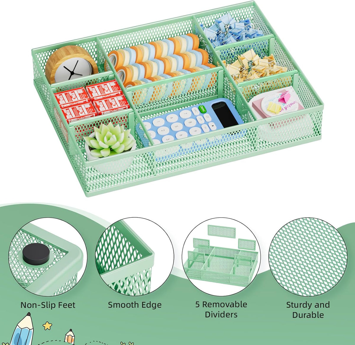 Marbrasse 2 Pack Desk Drawer Organizer, Mesh Drawer Organizer Tray with 8 Adjustable Compartments, Desk Organizers and Accessories, 5 Dividers Drawer for Office Supplies, Makeup & Vanity (Green) - Field & Nook