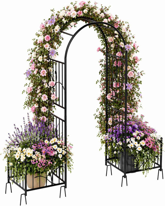 Garden Arbor with Planter Boxes 76" W x 86" H, Wedding Arches for Ceremony, Black Metal Garden Archway for Climbing Plants Outdoor Lawn, Patio and Backyard