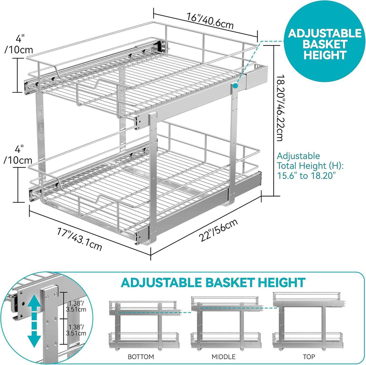 2-Tier Pull-Out Cabinet Organizer, 18" W x 22" D