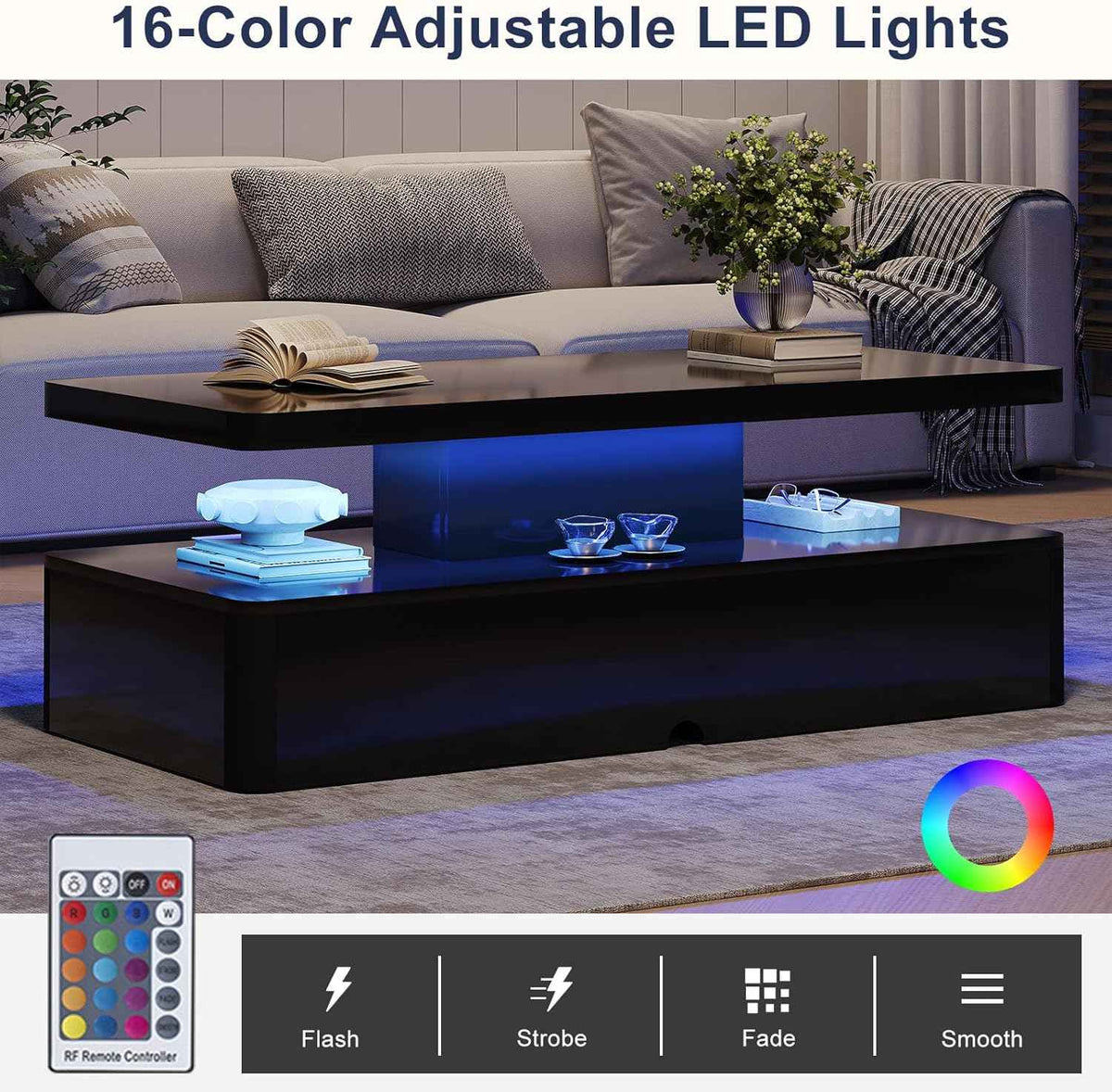 MXV 40" Modern Coffee Table with LED Lights, Black