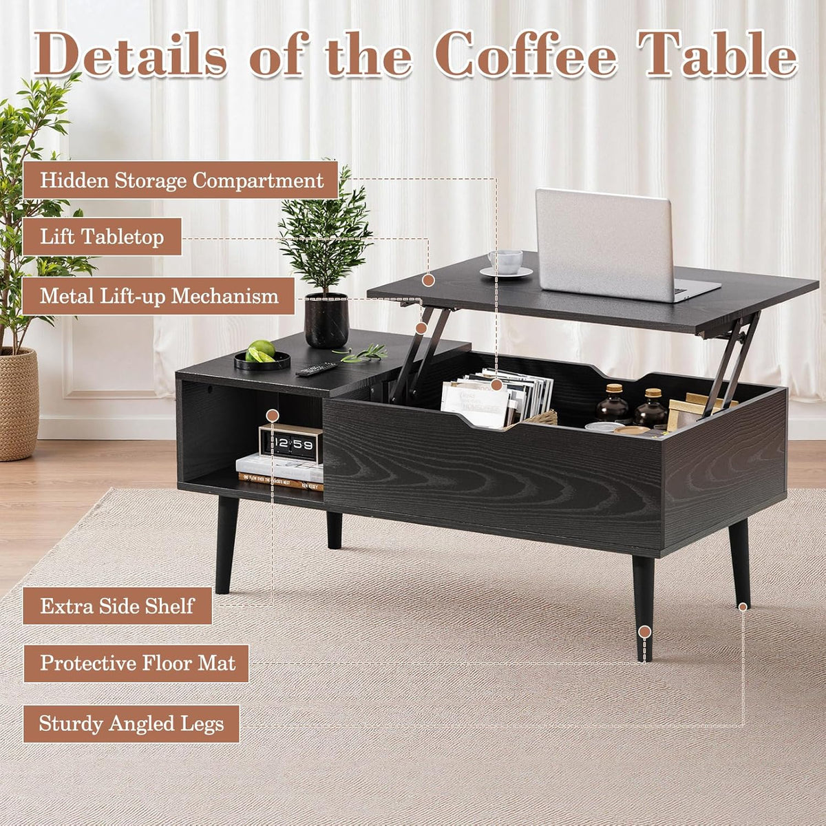 OLIXIS Lift Top Coffee Table with Hidden Storage, Black