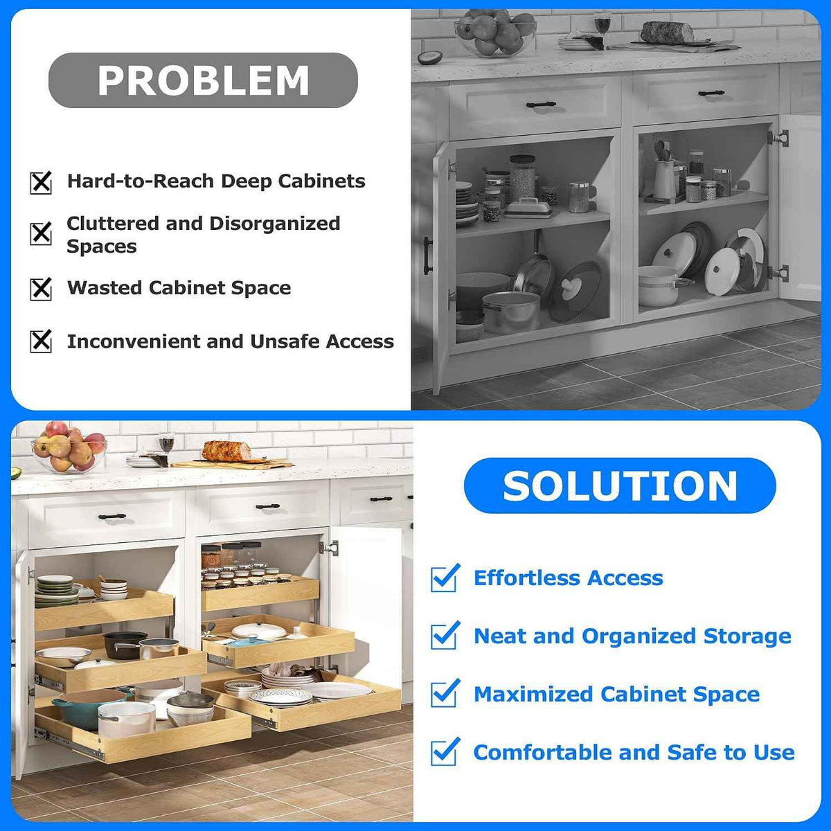 WelFurGeer 3-Tier Pull Out Cabinet Organizer, Birch Wood