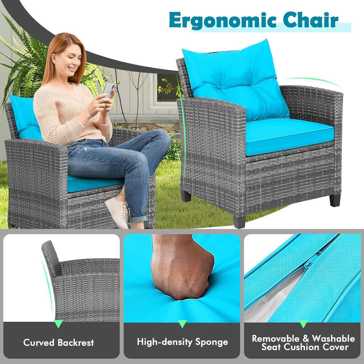 Tangkula 3 Pieces Patio Furniture Set, Outdoor PE Rattan Conversation