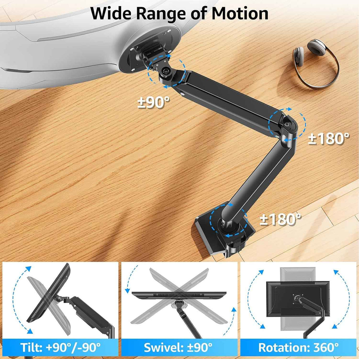 MOUNTUP Heavy Duty Monitor Arm for 49 inches, 44 lbs Curved Screens, Ultrawide Single Monitor Desk Mount, Monitors Stand for Samsung Odyssey G9 and More, VESA Mount with Clamp & Grommet Base