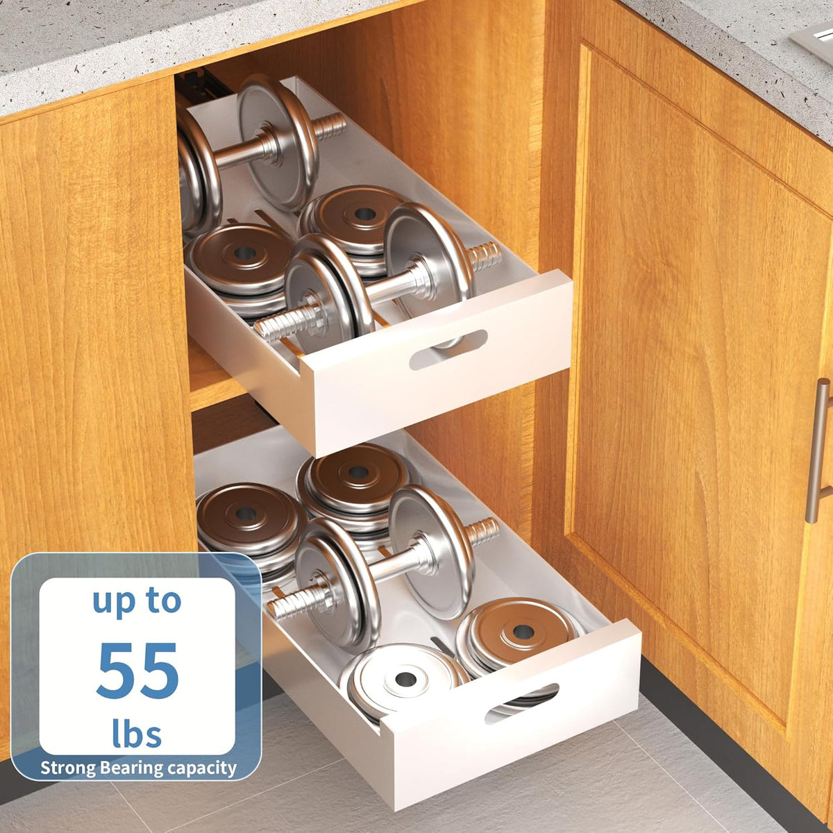 HBL' 2 Pack | 21" Deep Pull Out Cabinet Organizer Adhesive, 10-Inch Wide Sturdy Carbon Steel Roll-Out Drawers, Designed for Frameless Cabinets, Slide-Out Shelves for Pantry. - Field & Nook