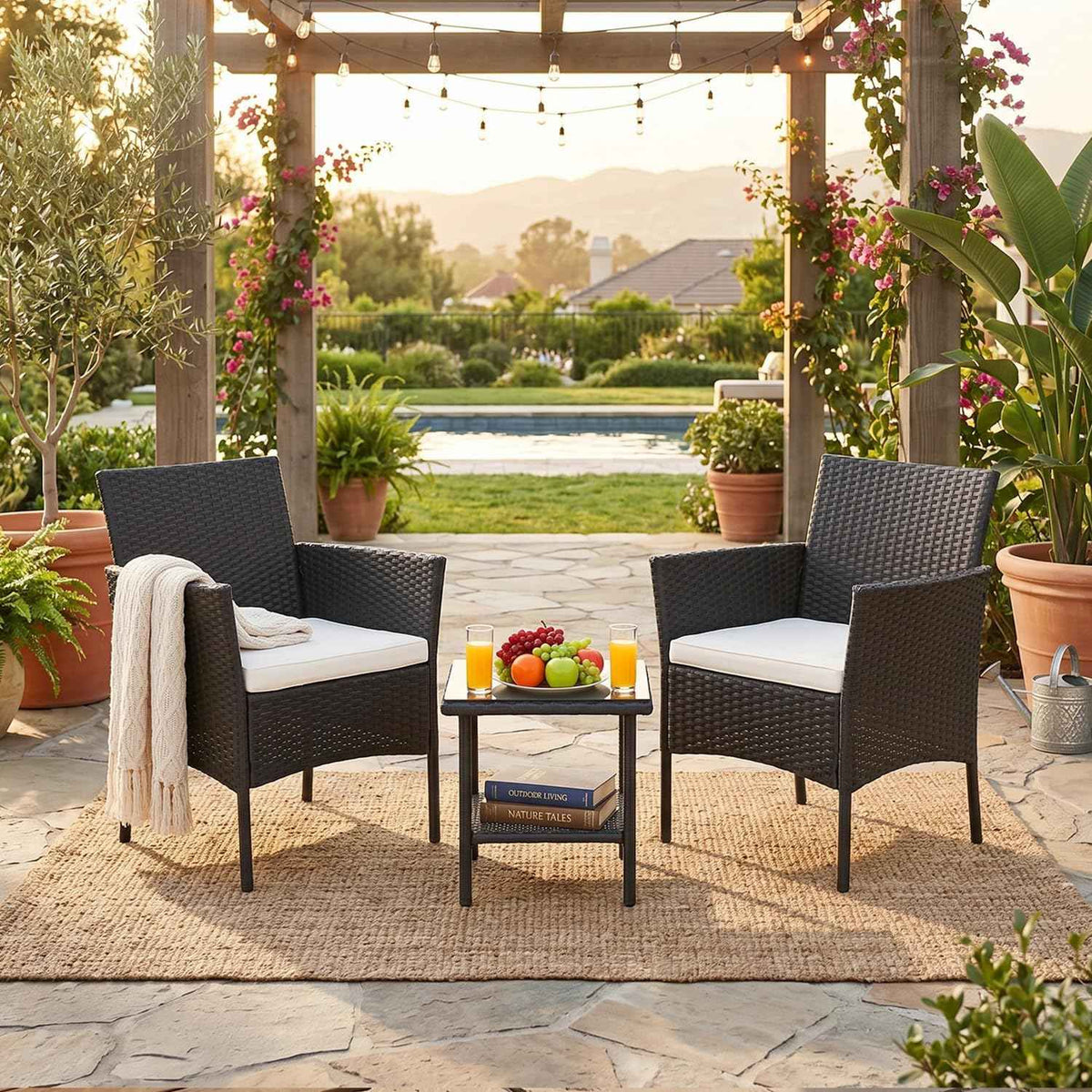 FDW 3-Piece Patio Furniture Set | Black & Beige | Outdoor Wicker