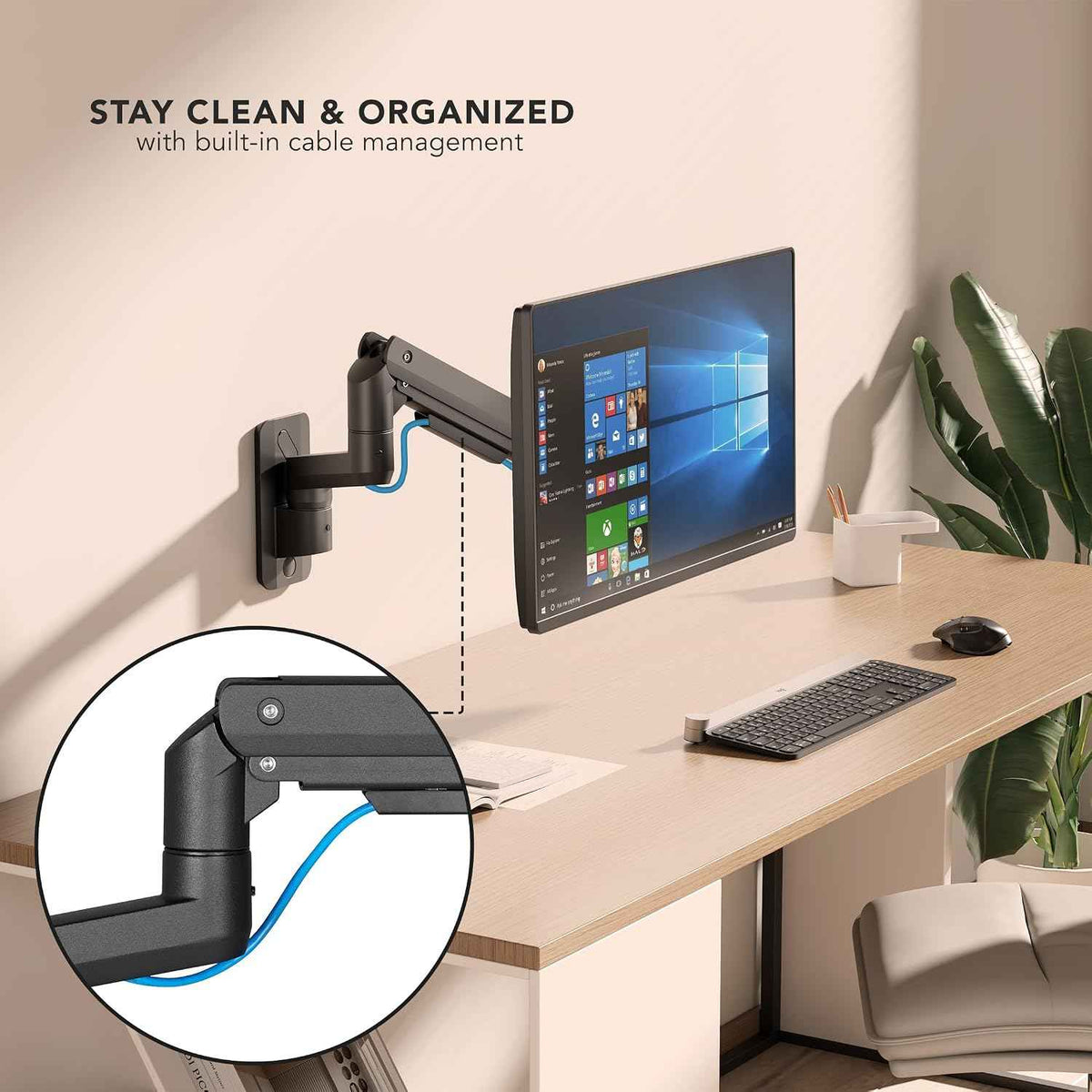 Mount-It! Heavy-Duty Wall Mount Arm for 49" Curved Monitors | Gas spring full motion arm, 23.5" reach, holds 44 lbs, VESA 75/100, single-stud install.