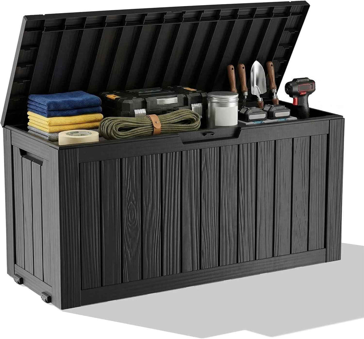 85 Gallon Outdoor Waterproof Resin Storage Deck Box Lockable Outside Bench UV Resistant Bin Patio Porch Furniture Pool Float Garden Tool Cushion Black