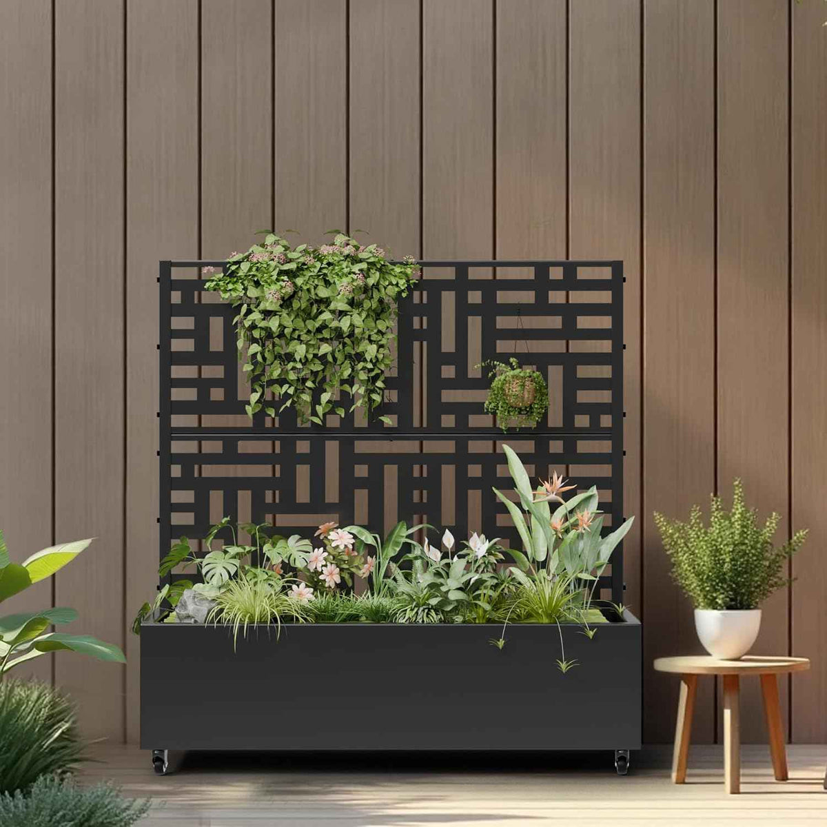 Casaphoria Metal Raised Garden Bed with Trellis and Wheels, 47"x47"x16" Planter Box for Climbing Plants, Vegetables & Vines, Features Drainage Holes and Privacy Screen (Black-Helen)