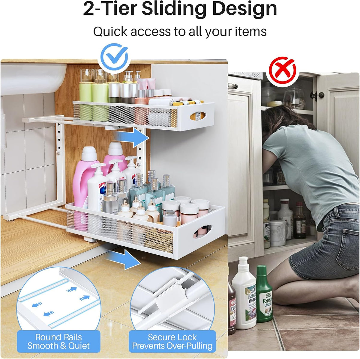 Under Sink Organizer, 2 Tier Pull Out Under Cabinet Organizer Shelf with Pad for Framed Cabinets, Metal Slide Out Under Sink Storage, Mesh Sliding Drawers for Kitchen Bathroom Laundry(White, 1 Pack) - Field & Nook