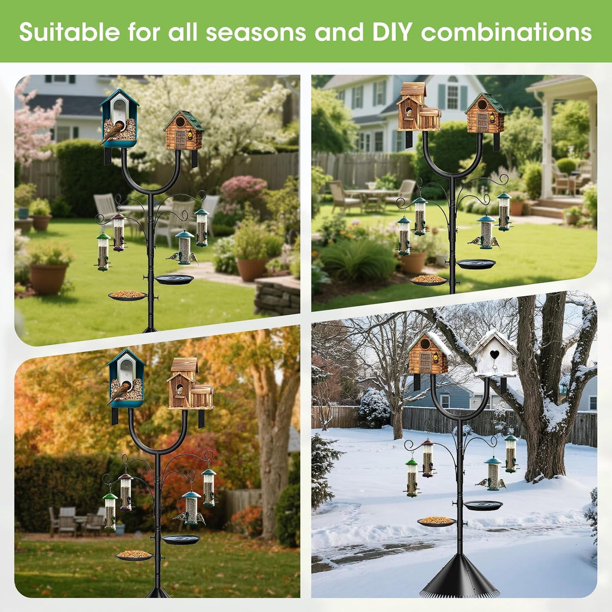 Bird Feeder Pole Squirrel Proof,Adjustable 47"-108" Heavy Duty Bird House Pole,Upgraded U-Shape Platform,4 Shepherd Hooks for Feeder Stand,Includes Birdbath,Tray for Outdoor Garden & Yard