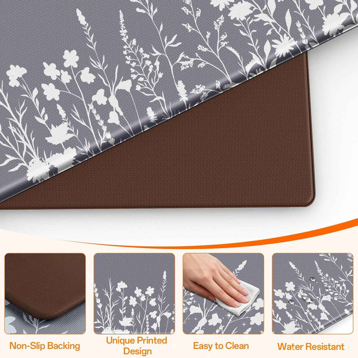 Anti-Fatigue Kitchen Mat Set of 2 | Grey | 17.3"x30" + 17.3"x47" | Non-Slip Cushioned Floor Rug