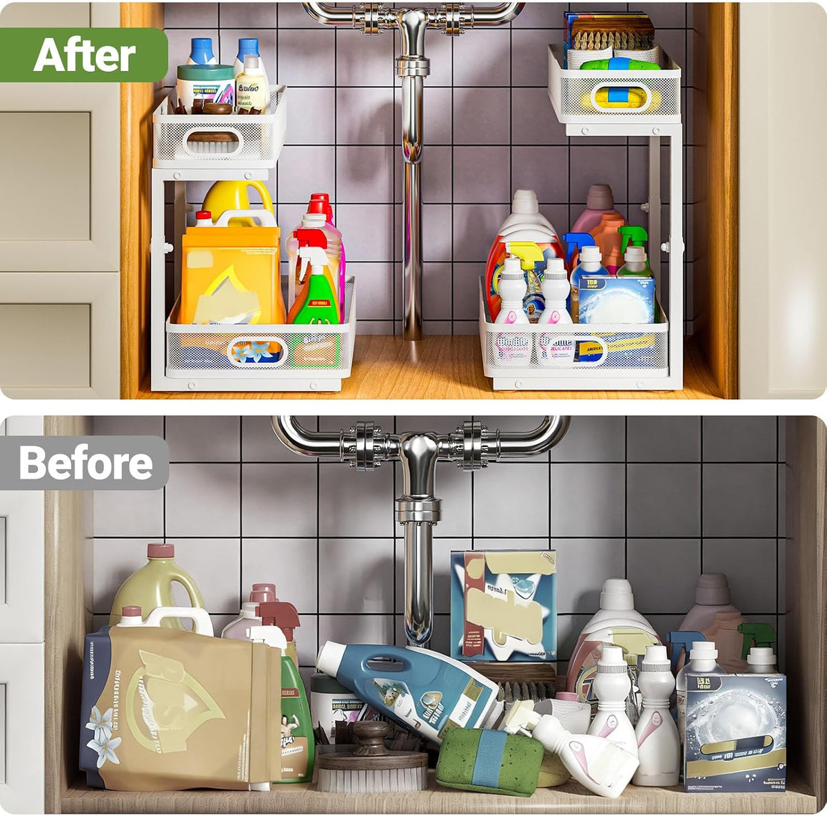Under Sink Organizer 2-Pack, Metal 2-Tier Pull-Out Cabinet Shelf with Slide-Out Mesh Drawers, Height Adjustable, Space-Saving Under Sink Storage Racks for Kitchen, Bathroom, Laundry Room, White - Field & Nook