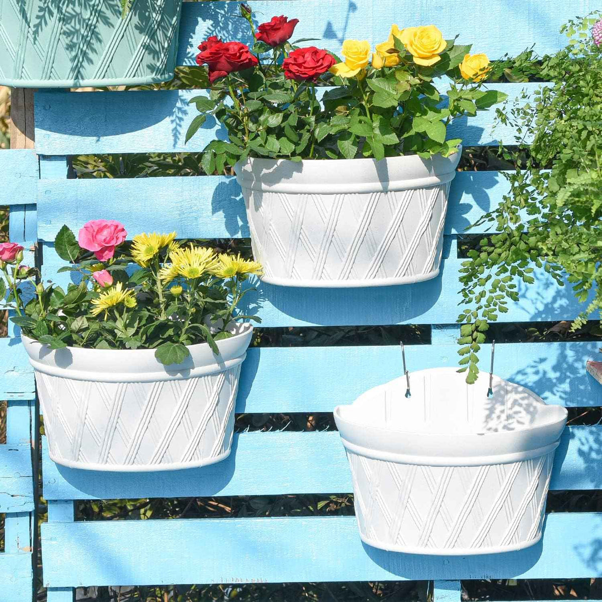 Sungmor Wall Hanging Planters,11.5 Inch Hanging Flower Pots for Railing Fence - Indoor Outdoor Balcony Wall Hanging Basket, Plastic Plant Pot Container - Half Round & 3PC Pack & Grey White