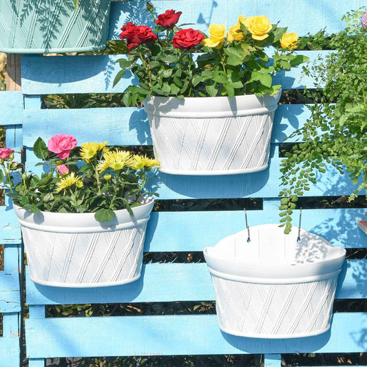 Sungmor Wall Hanging Planters,11.5 Inch Hanging Flower Pots for Railing Fence - Indoor Outdoor Balcony Wall Hanging Basket, Plastic Plant Pot Container - Half Round & 3PC Pack & Grey White