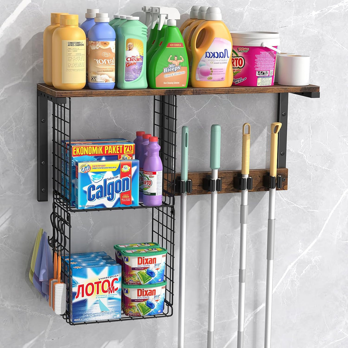 Wall Mount Broom Holder Laundry Room Storage Organizer Shelves - Field & Nook