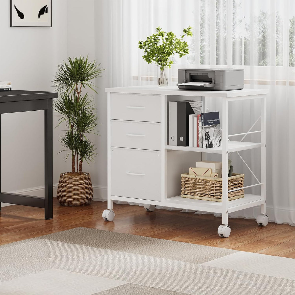 DUMOS 3-Tier Mobile File Cabinet, Rolling Printer Stand with Storage | Fabric Lateral Filing Cabinet fits A4/Letter Size, Under Desk Drawer Cabinet, Printer Cart for Home Office, White - Field & Nook