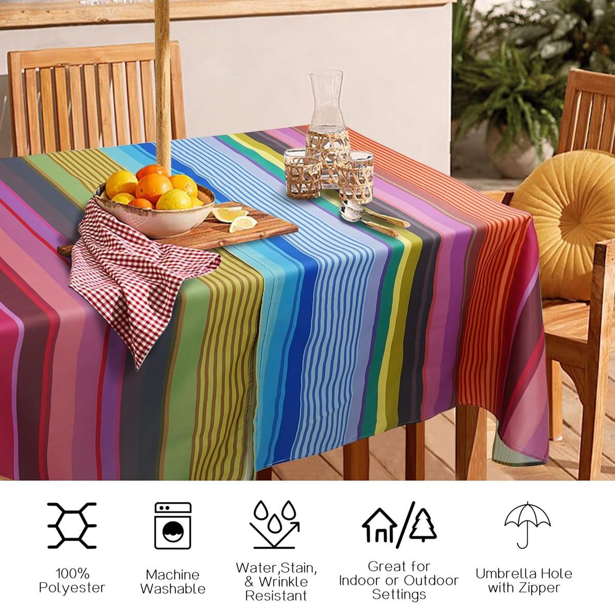 Outdoor Tablecloth with Umbrella Hole and Zipper, Rectangle Patio Table Covers for Spring/Summer, Machine Washable Outdoor Picnic Table Cloth (02stripes, 60" × 84" Rectangular)